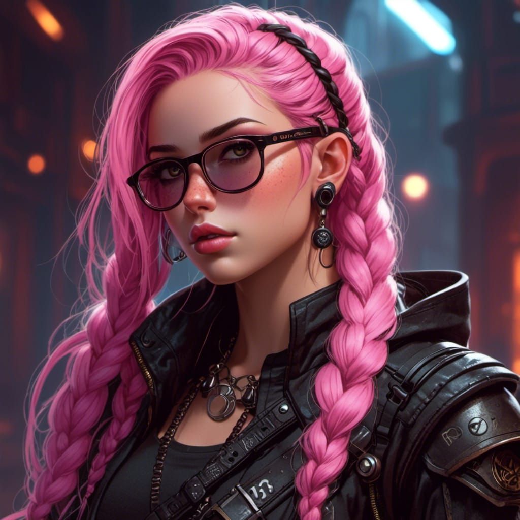 Dieselpunk Elf Warrior with Braided Pink Hair