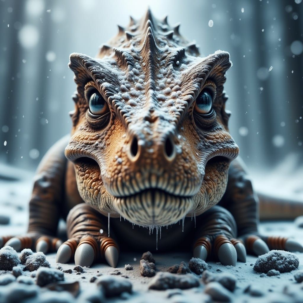 Endearing Baby T-Rex in Icy Snowscape