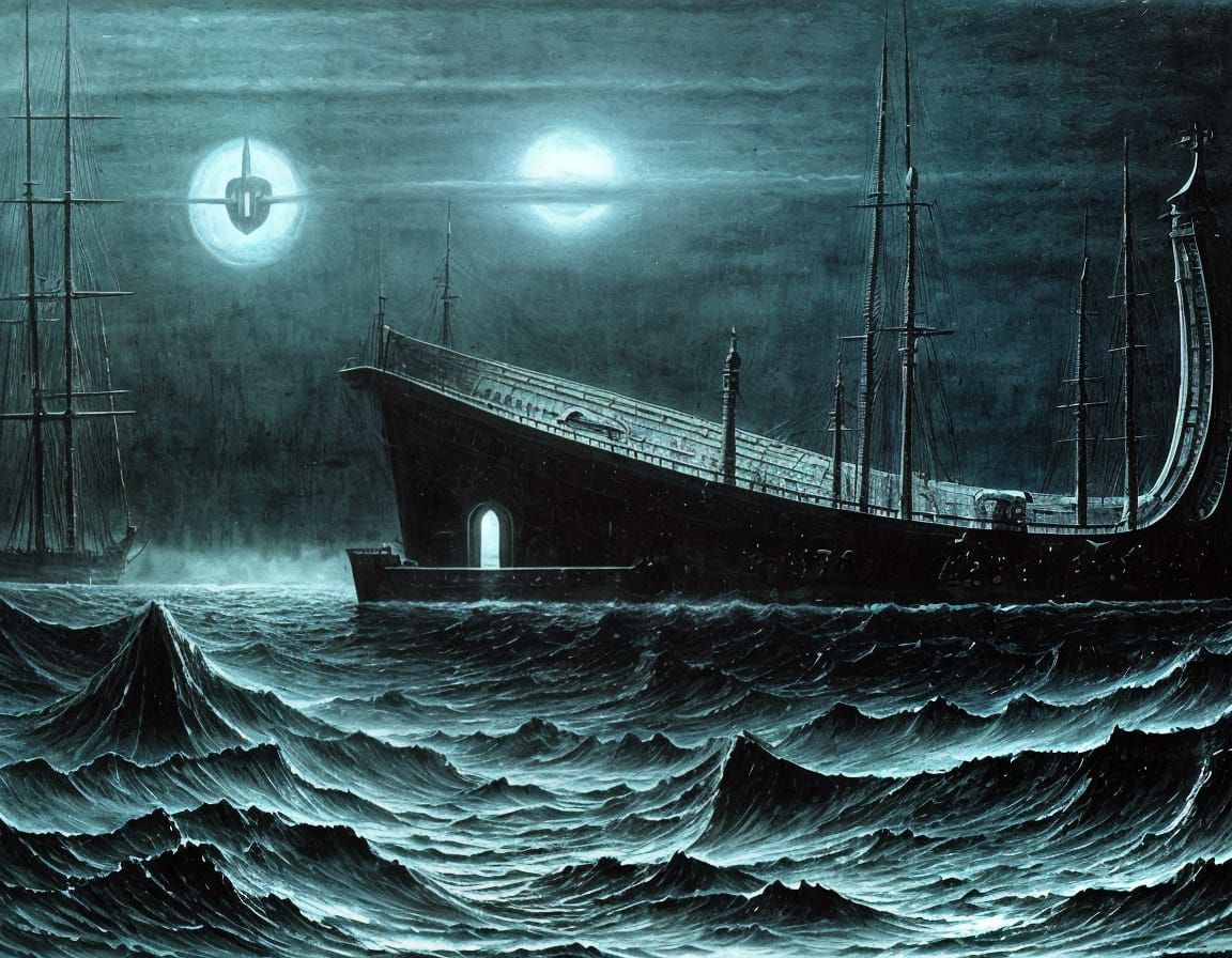 Ghost Ship at Night in Dark Surrealism