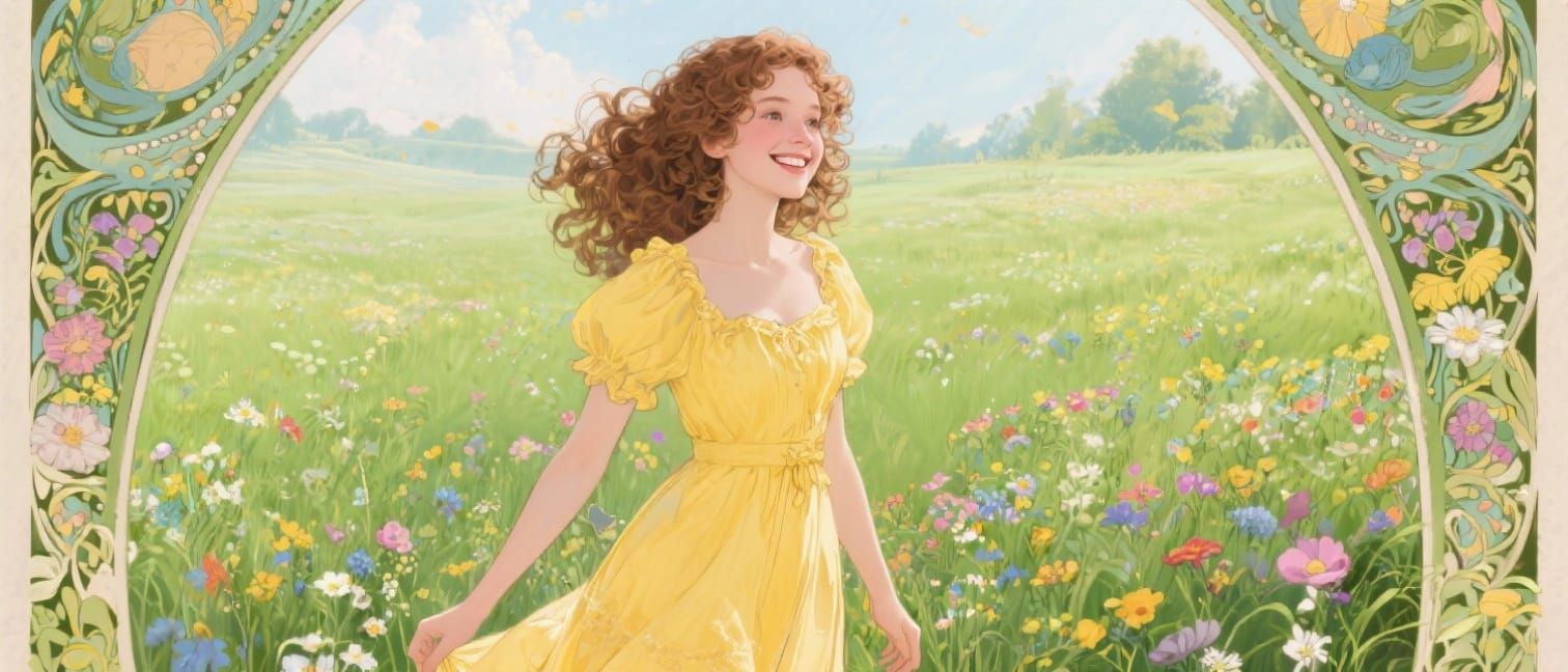 Young Woman in Yellow Sundress in Wildflower Meadow