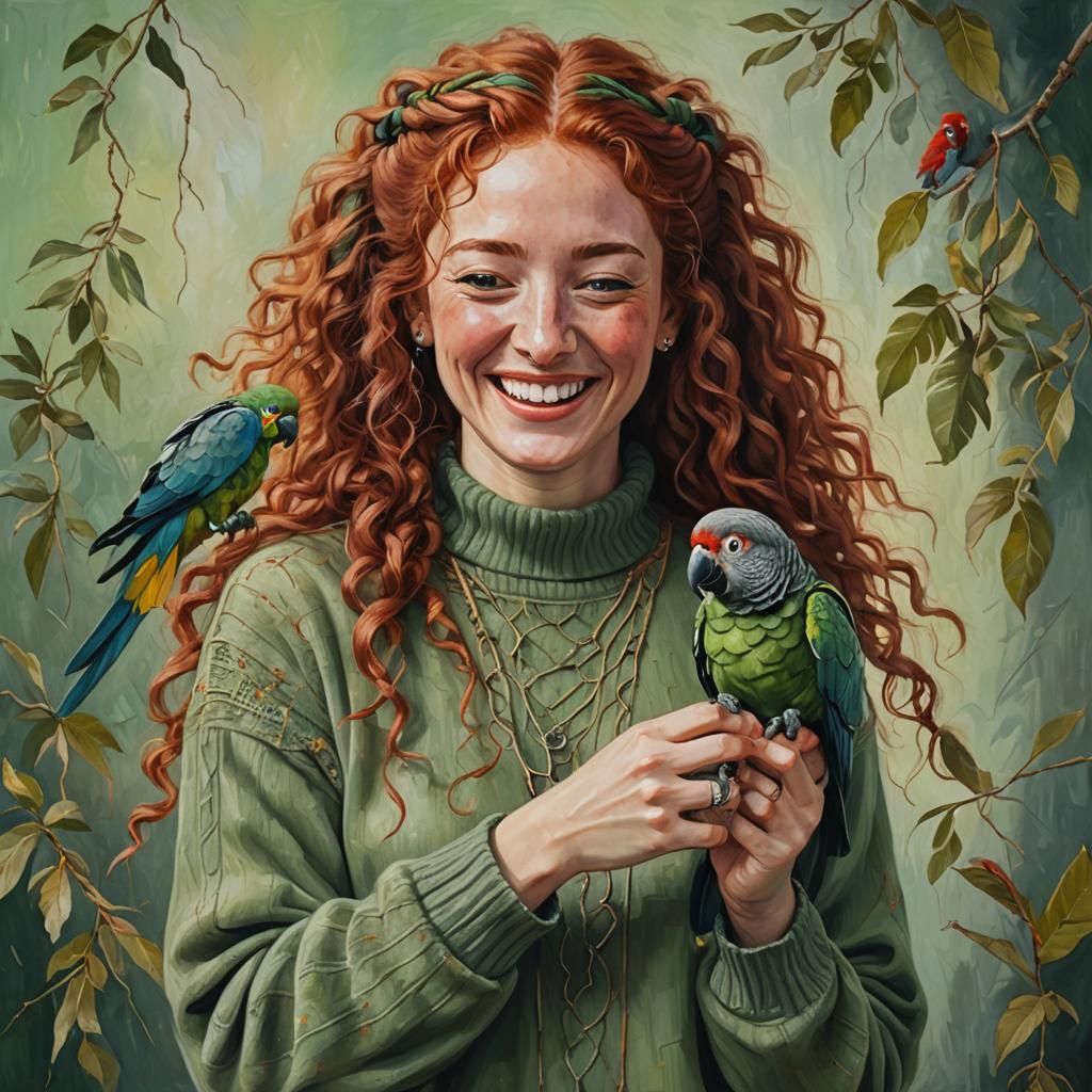 Woman with Red Hair and Parrot: Oil Painting