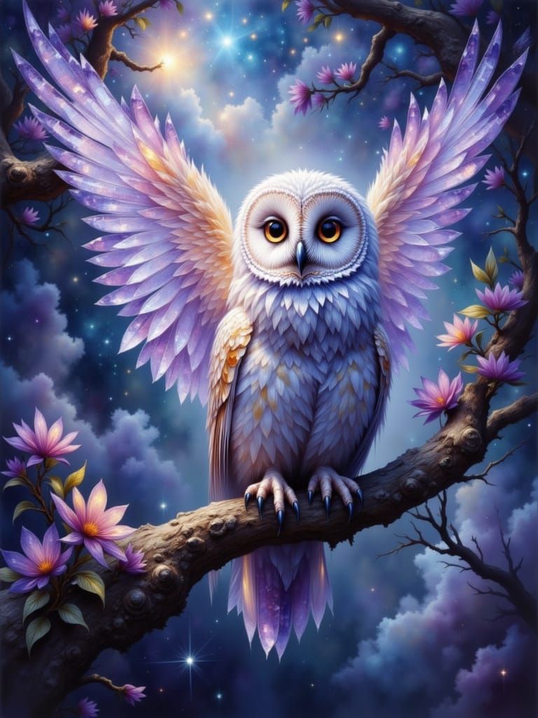 Crystalline Owl Perched on Celestial Tree in Hyperrealistic ...