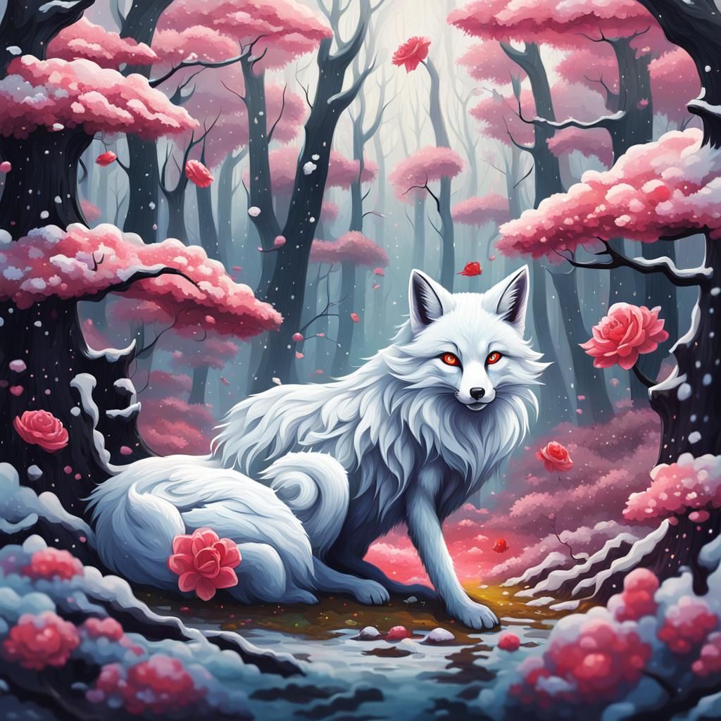 White Nine-Tailed Fox in Blossoming Forest Art