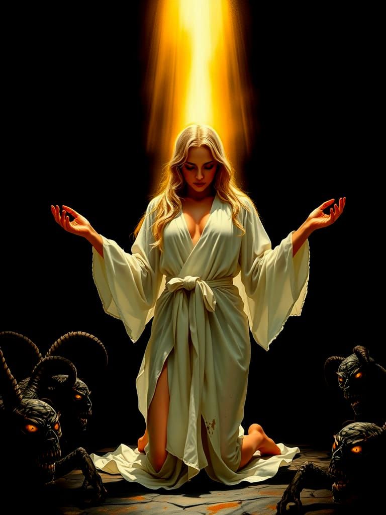 Golden Goddess in Tattered Toga, Surrounded by Dark Creature...