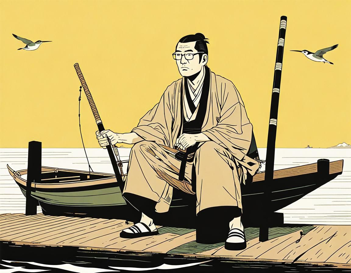 Ancient Japanese Fisherman by Adrian Tomine Style