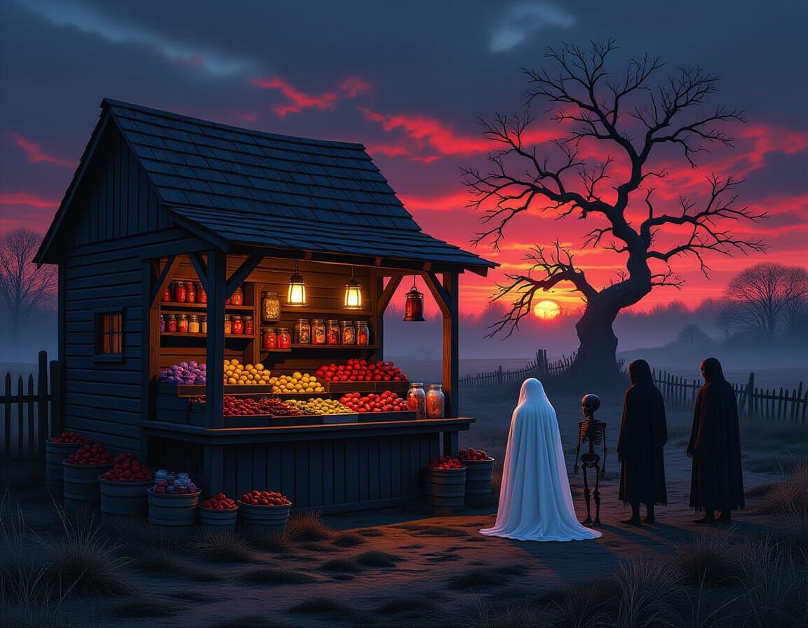 Haunting Dusk Farmstand with Spectral Shoppers