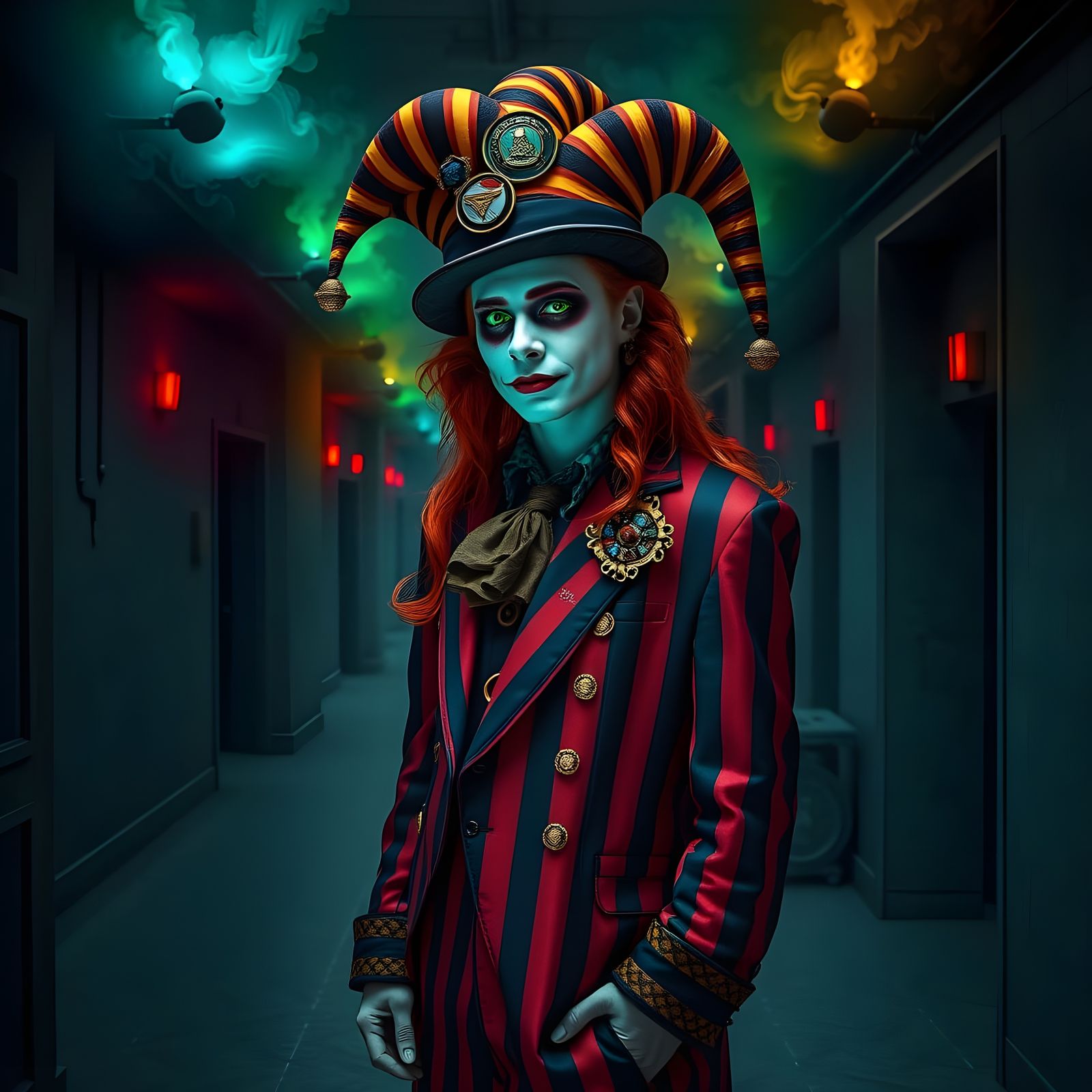 Elegant Jester in Labyrinthine Hallway, with Glowing Steam T...