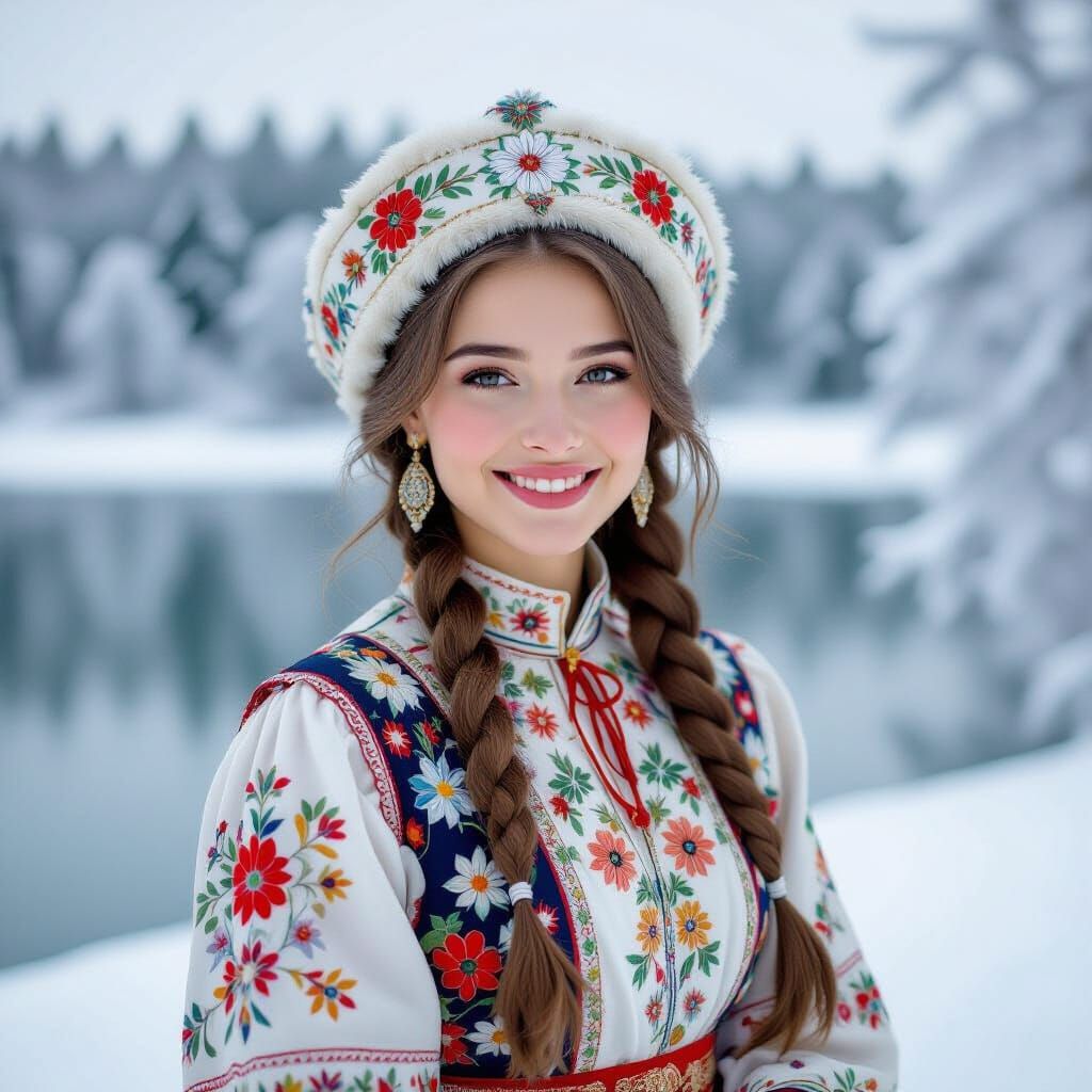 Russian Girl in Traditional Dress on Snowy Lake