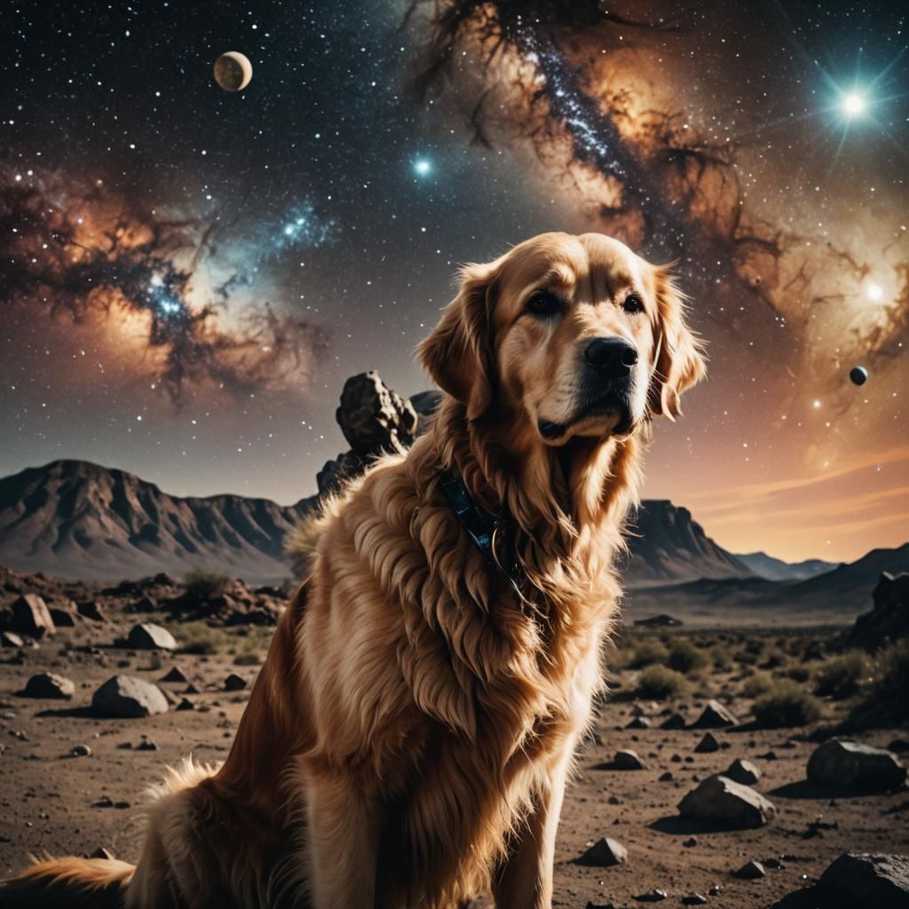 Cosmic Golden Retriever in Space Landscape