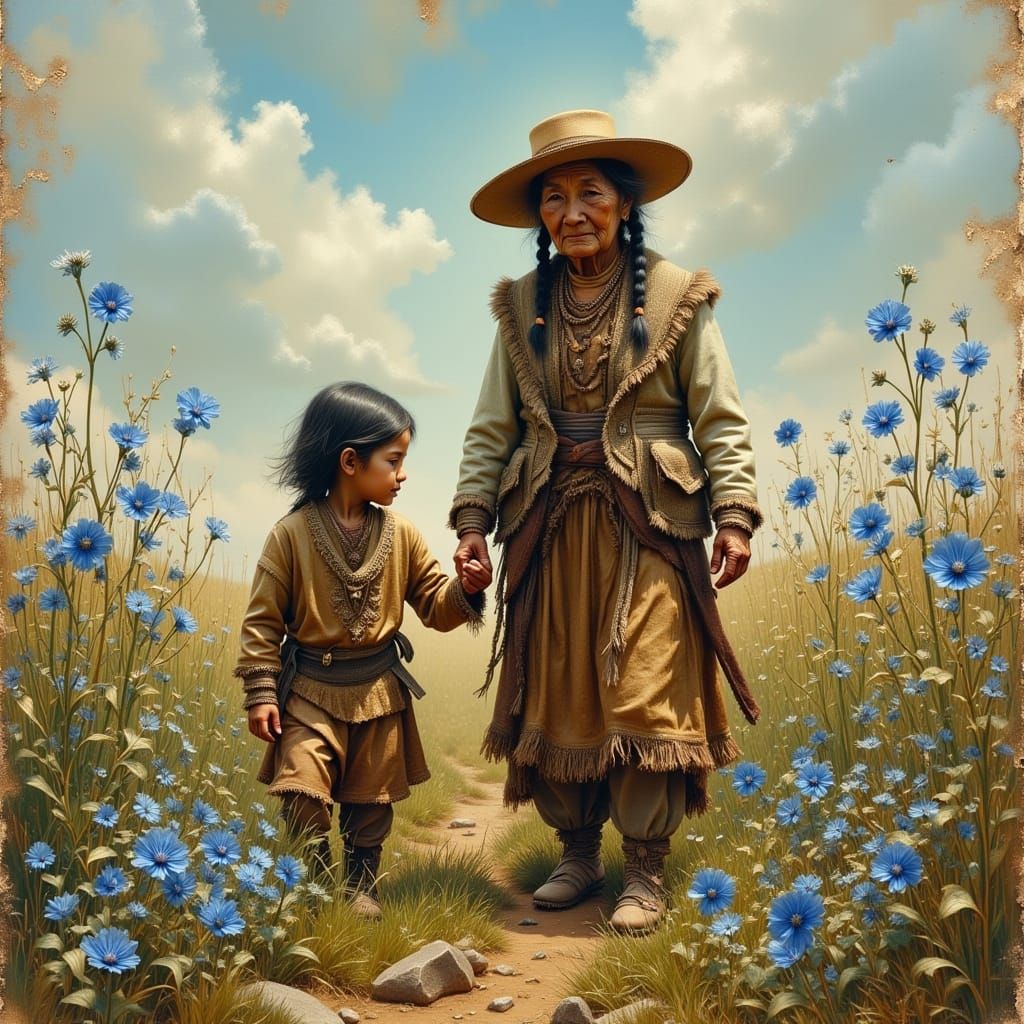 Elderly Native American Grandmother and Child in Wildflower ...
