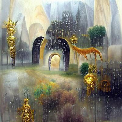 Elysium: Golden Archway in Misty Landscape