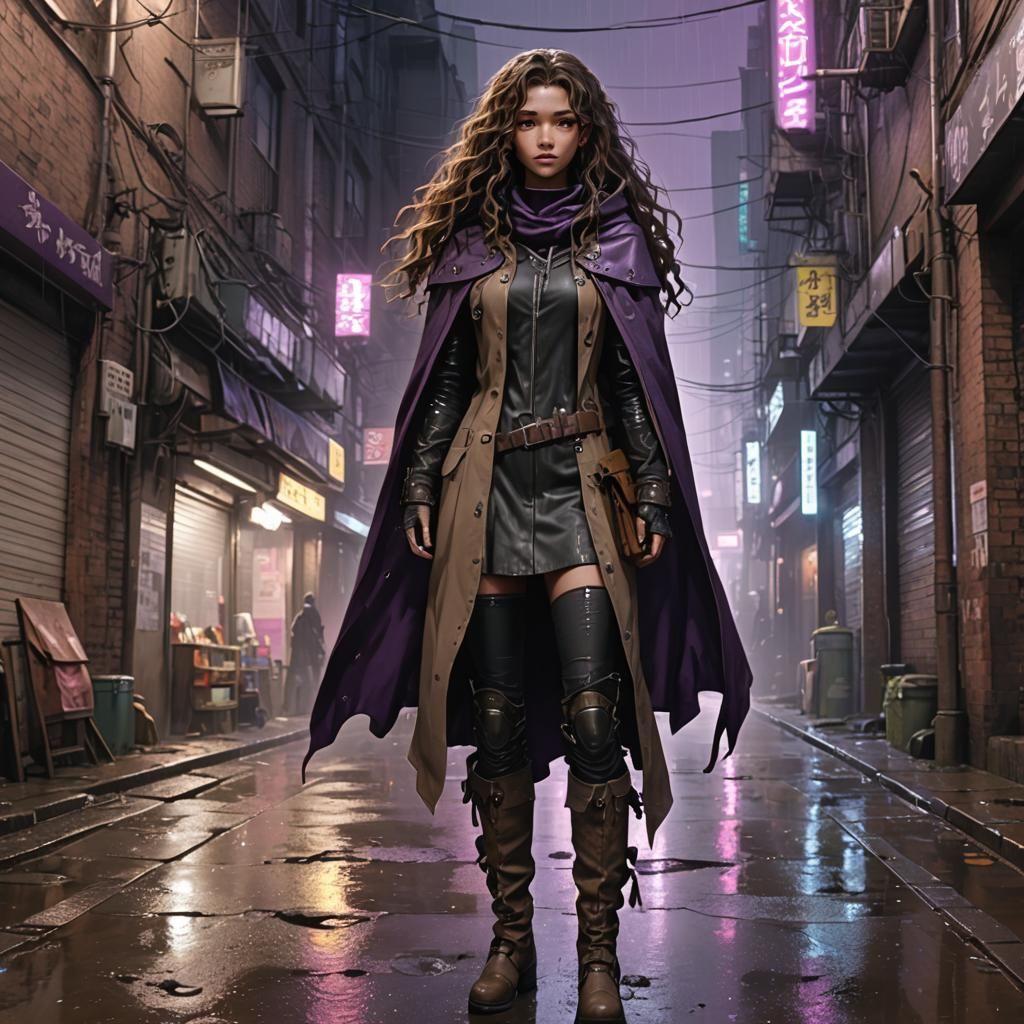 Anime Cyberpunk Girl in Rainy Alleyway Concept Art