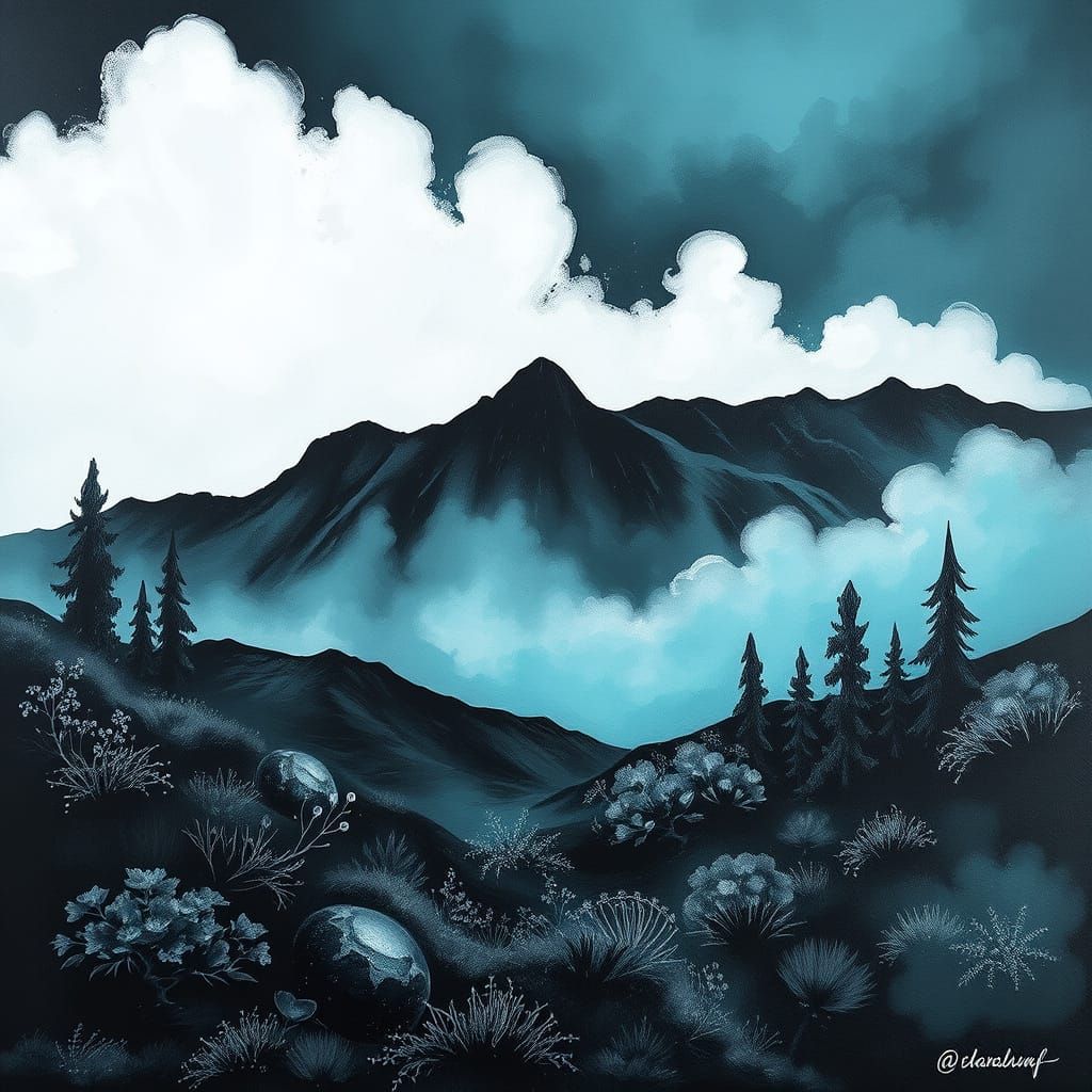 Turquoise Charcoal Landscape in Minimalist Style