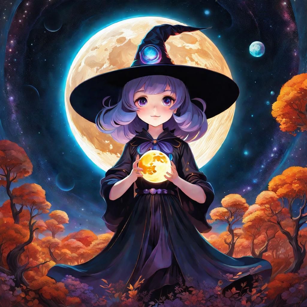 Cute Anime Witch Girl with Moon