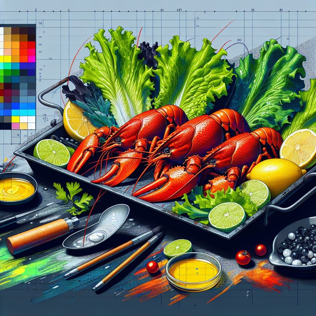 Vibrant Still Life of Boiled Crayfish and Lettuce on a Black...