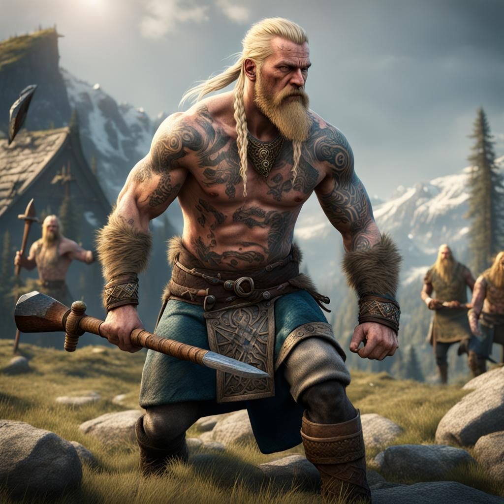 Nordic Vikings Relaxing in Valhalla with Tattoos