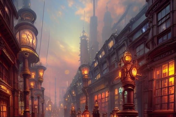 Steampunk Cityscape with Victorian Architecture