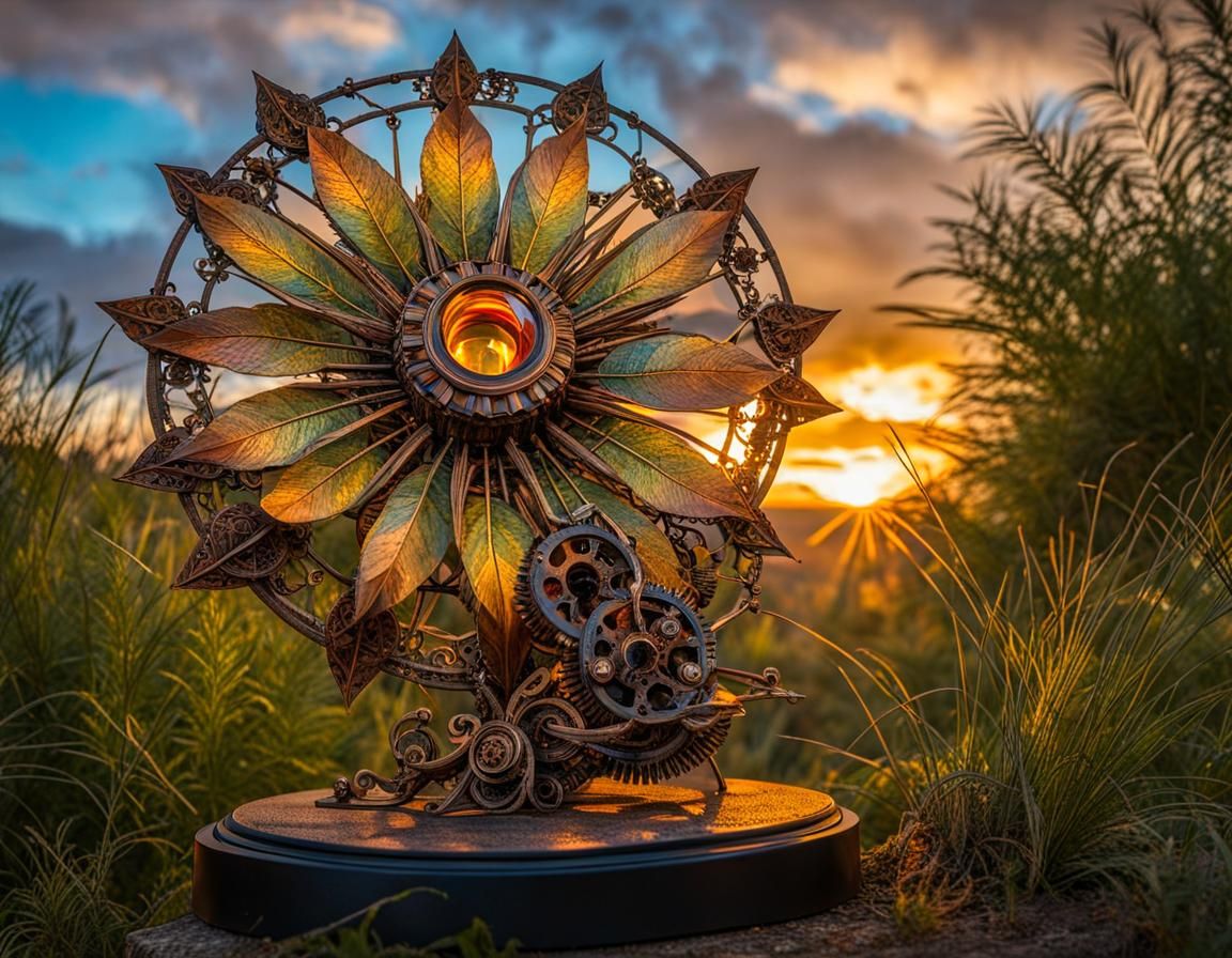 Steampunk Metal Wildflower Sculpture with Volumetric Lightin...