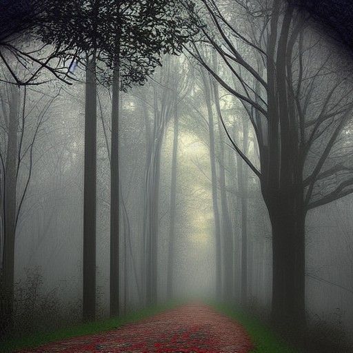 Spooky Forest Artwork with Red Brick Road