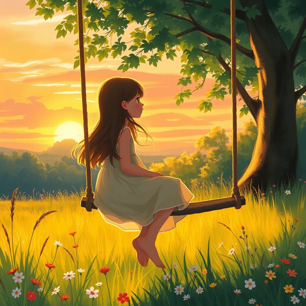 Serene Girl in a Vibrant Sunset Landscape, Impressionist Sty...