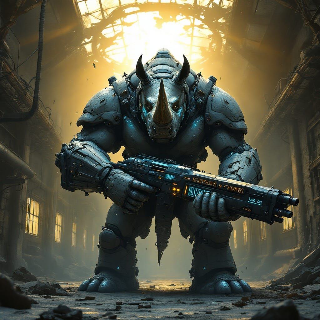 Battle-Hardened Cyborg Rhinoceros Stands Poised for Combat i...