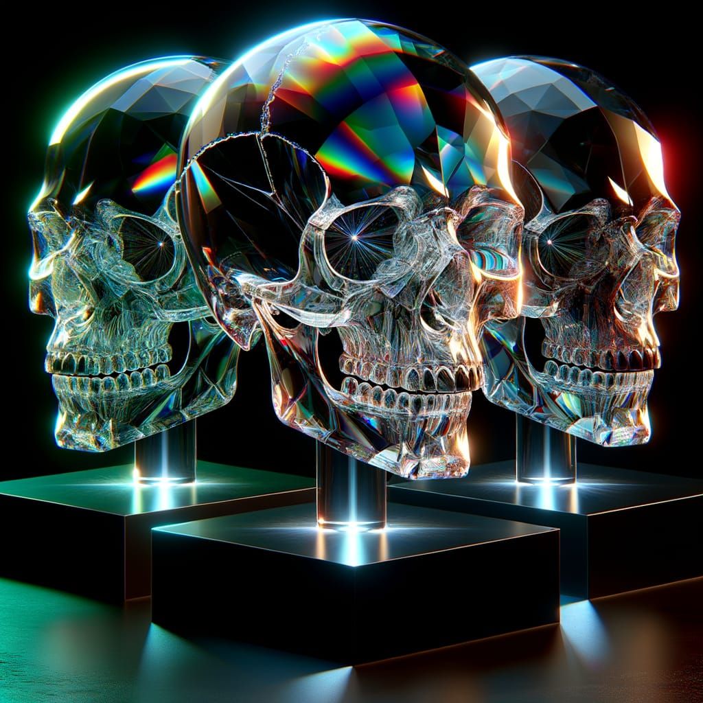 Three Crystal Skulls in Dramatic Studio Lighting