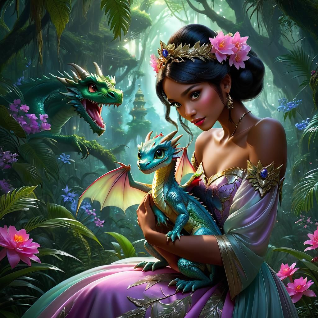 Princess and Iridescent Dragon in Magical Forest