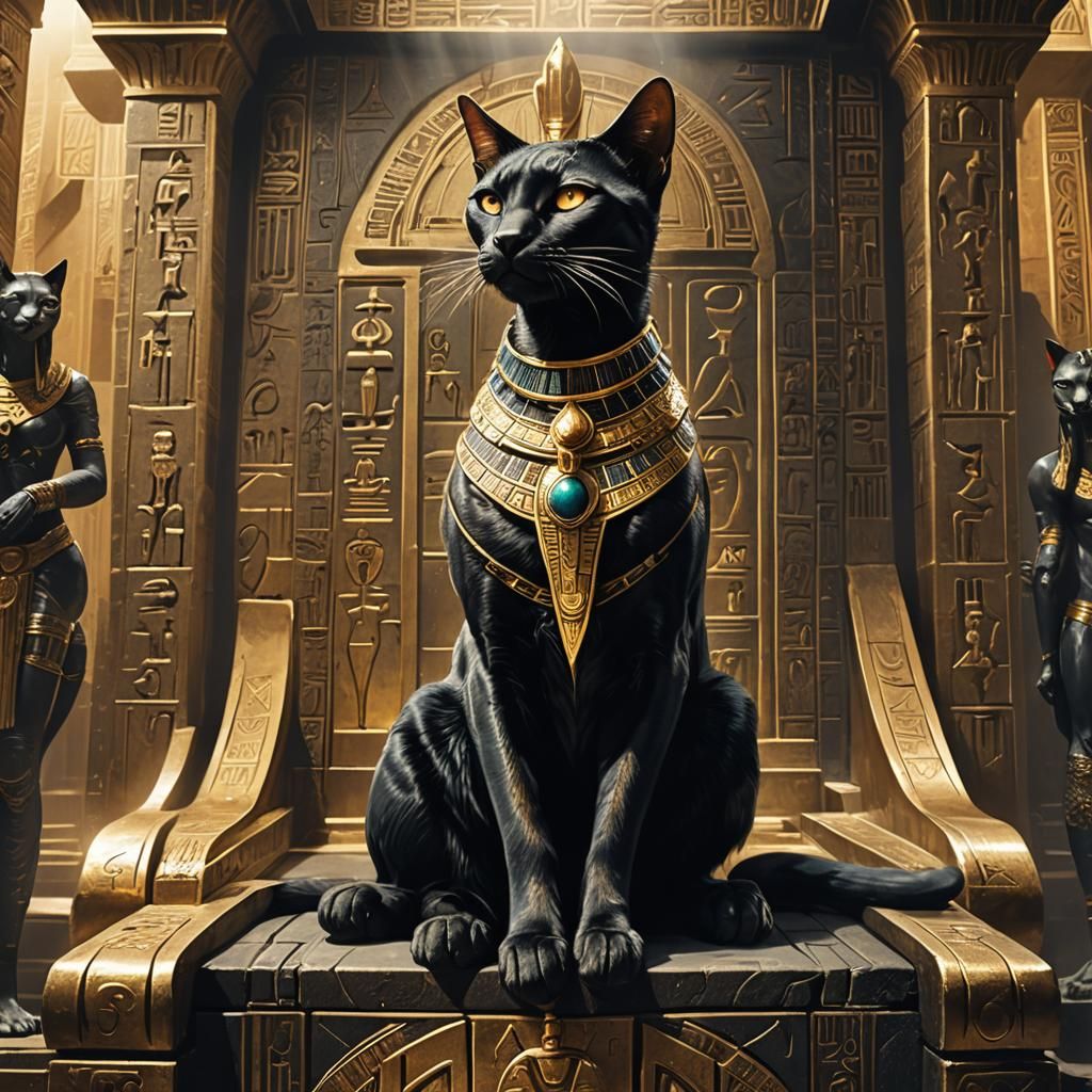 Mythical Black Cat Goddess Bastet on Egyptian Throne
