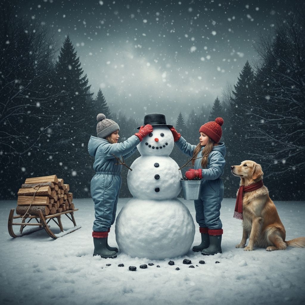 Children Build Snowman in Moody Winter Woods