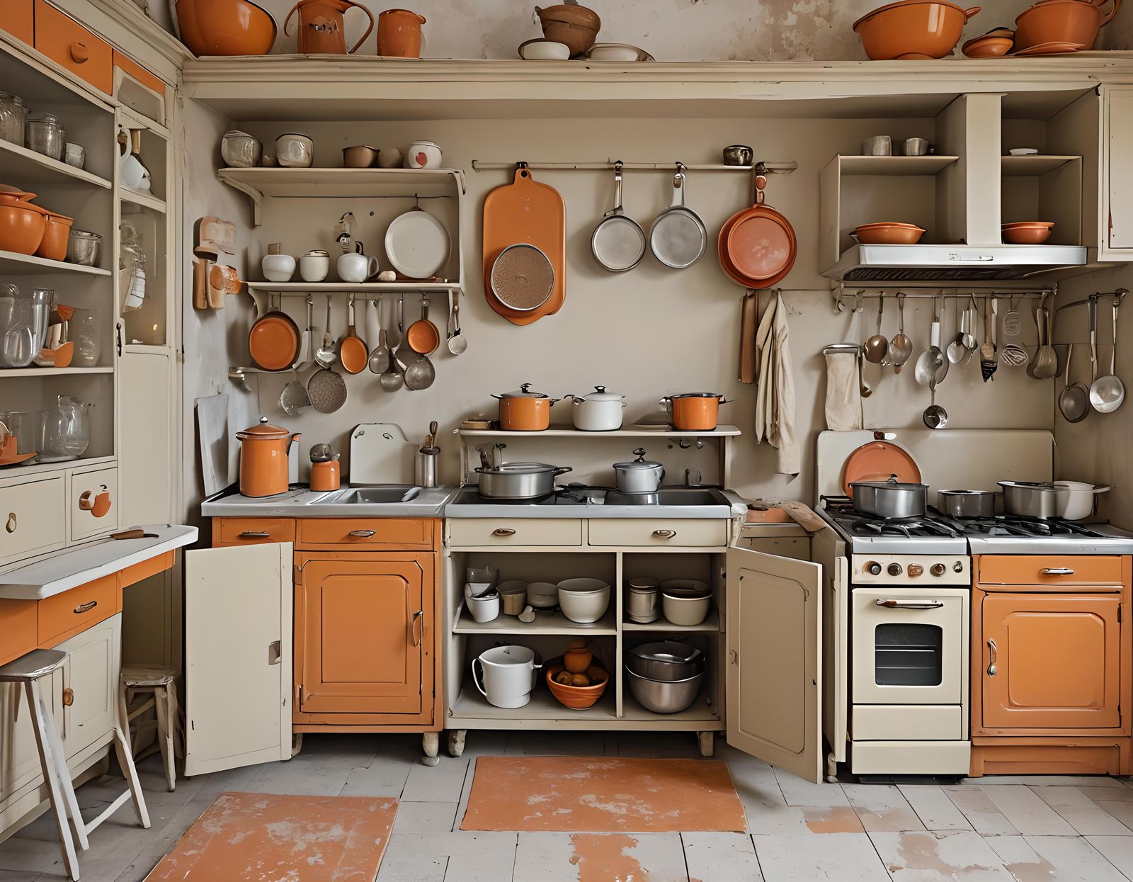 Vintage Kitchen in Orange, Beige, and Brown