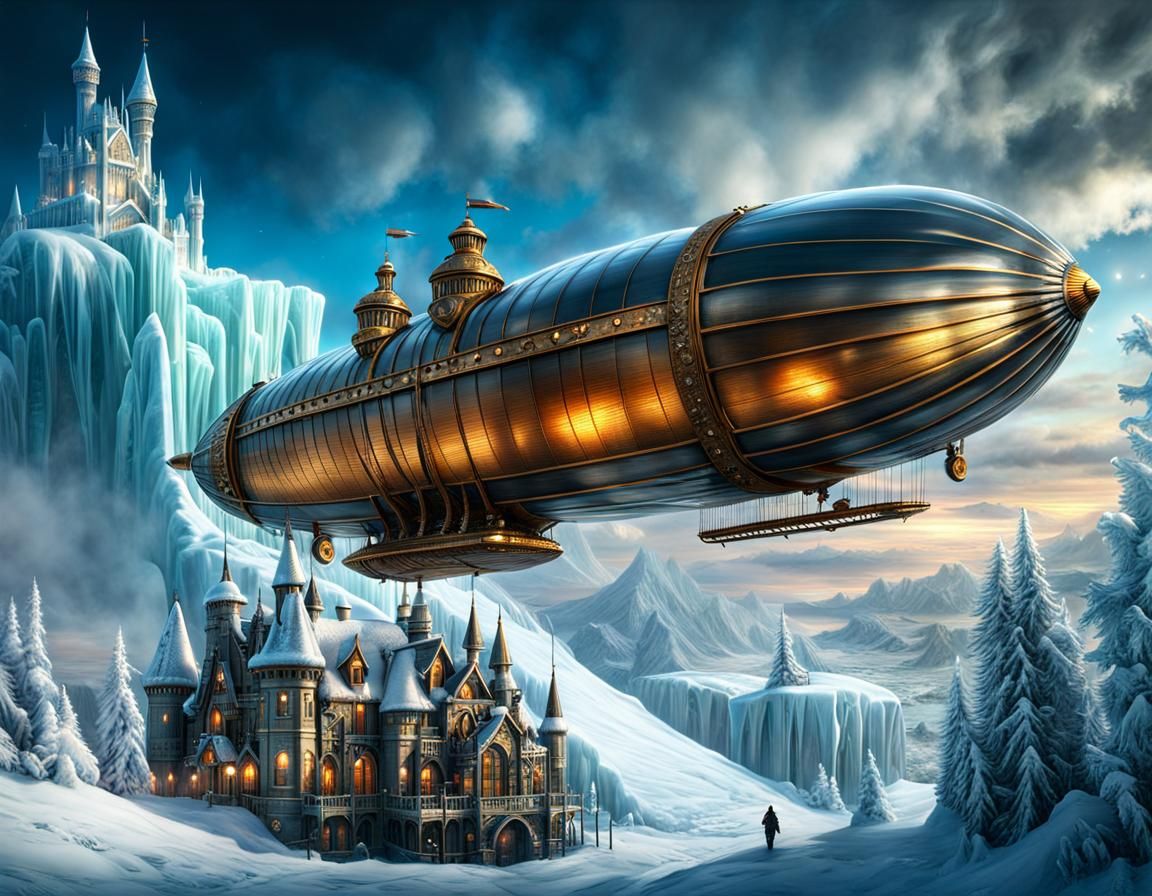 Steampunk Zeppelin Over Glass Ice Castle in Winter
