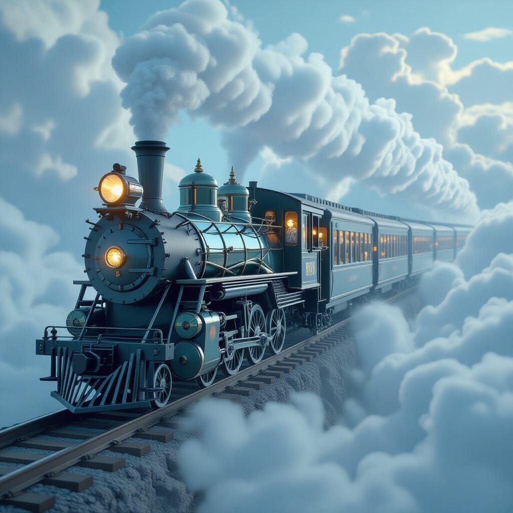 Skeletal Train of Bone and Mirrors Through Ethereal Clouds