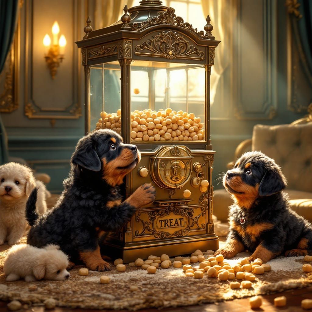 A whimsical animation-style depiction of rottweiler puppies playfully interacting with a sophisticated treat machine nes...