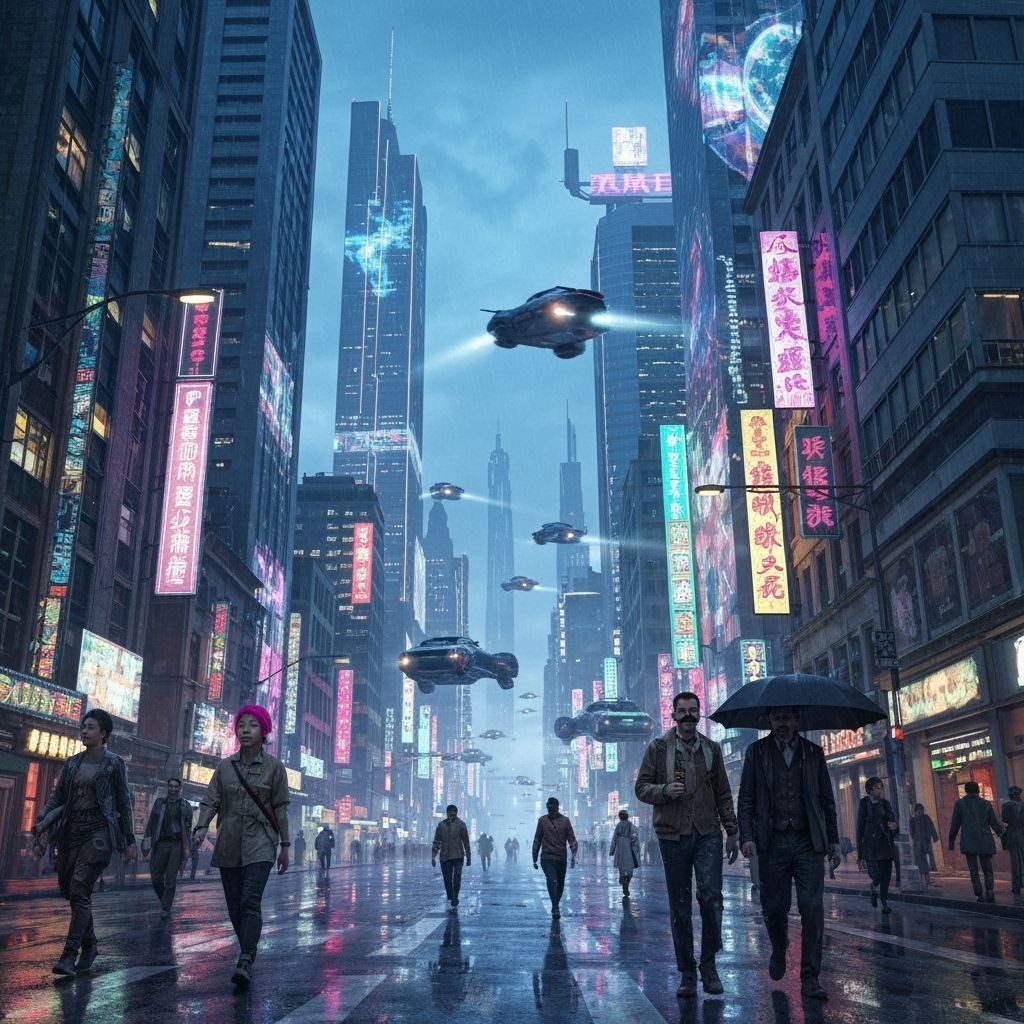 Futuristic Cityscape at Twilight in Cyberpunk Style