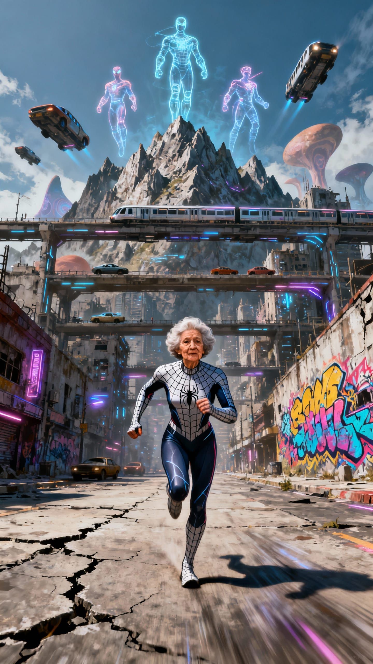 Spider-nan Superhero Grandmother in Futuristic City