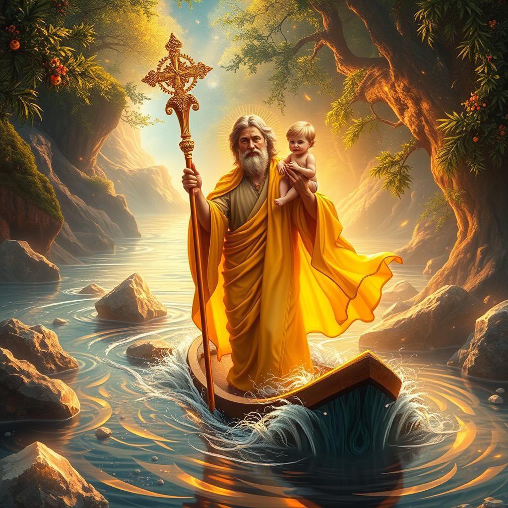 Saint Christopher Crossing Fractal River in Geometric Style