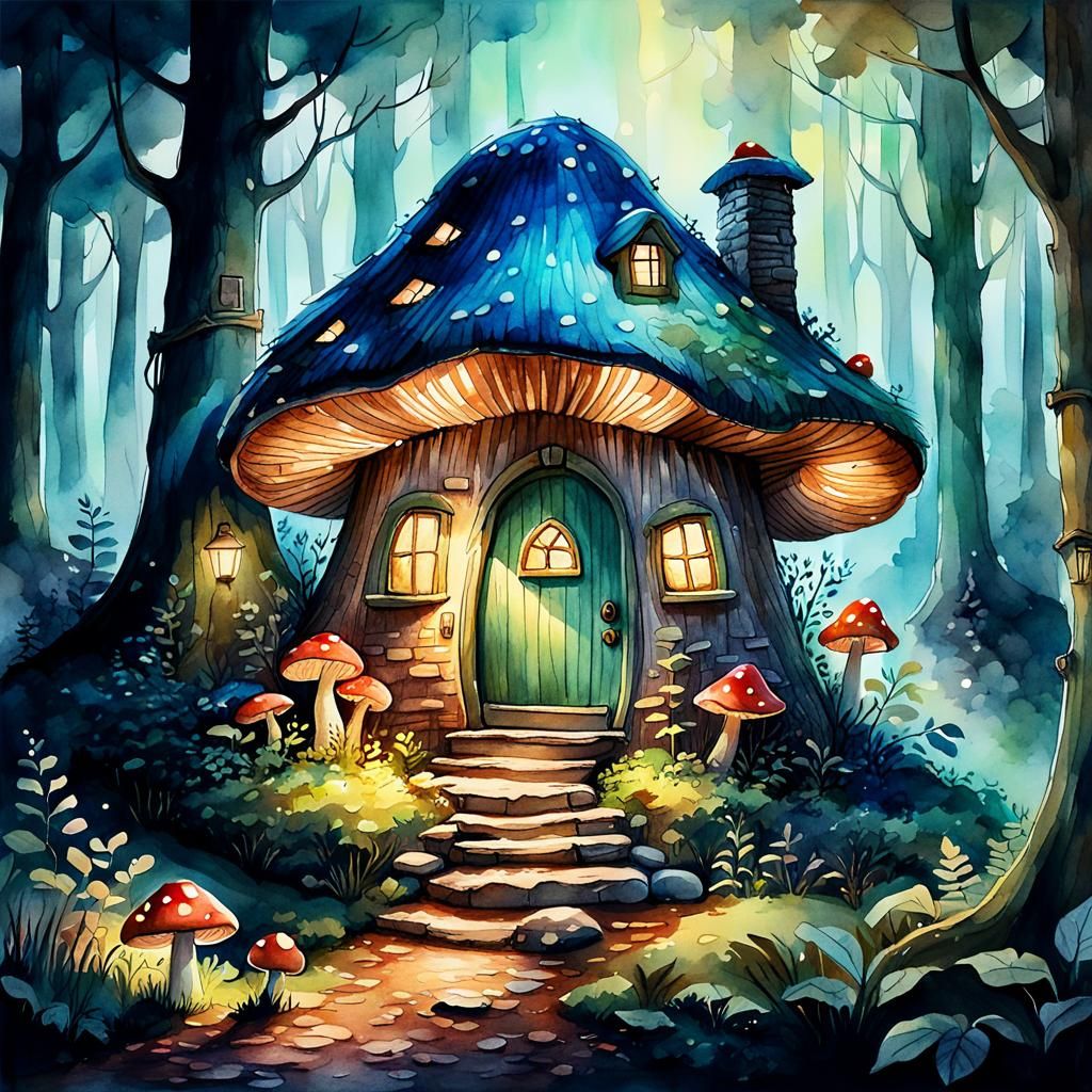 Cozy Mushroom House in Forest, Watercolor Sketch