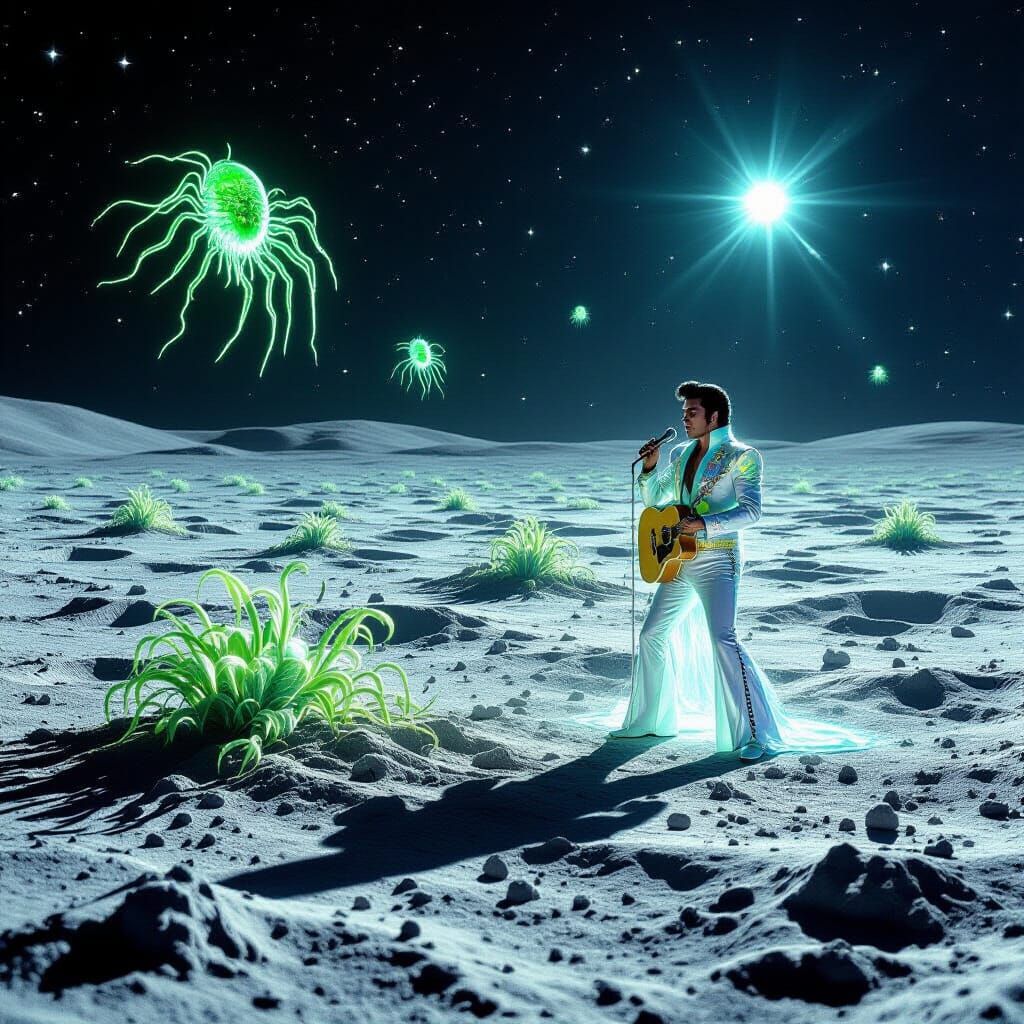Ethereal Elvis Serenades Lunar Space Bugs in 1900s Sci-Fi Ph...