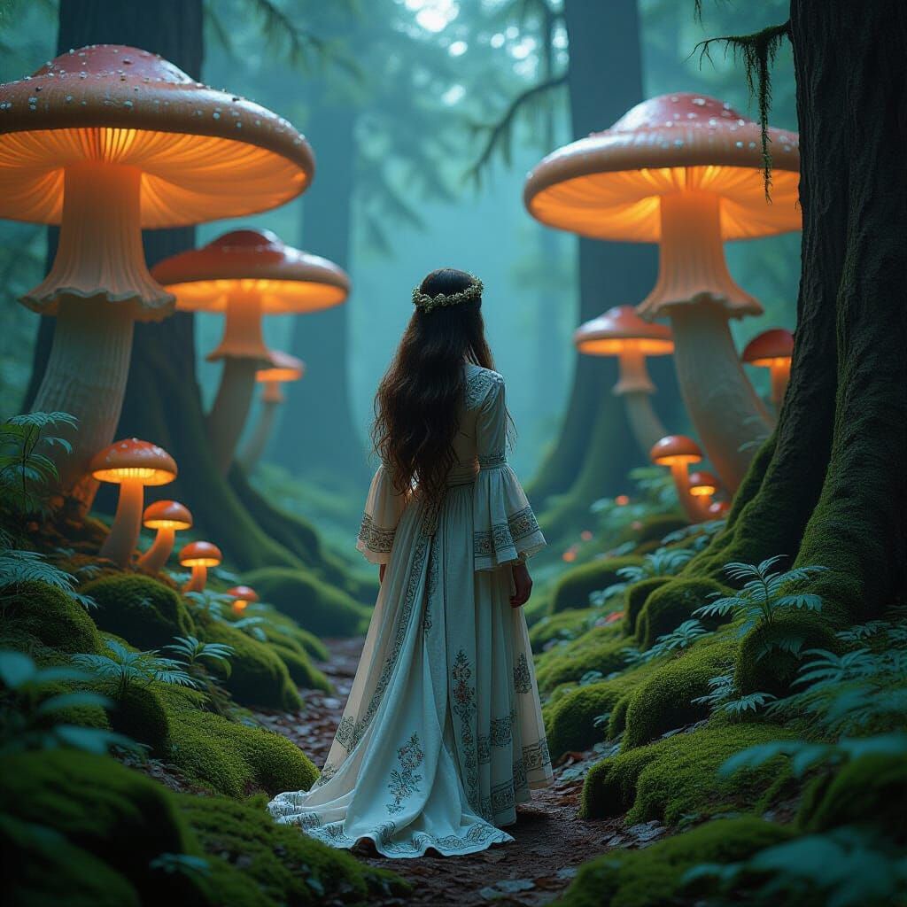 Woman in Ancient Forest with Bioluminescent Mushrooms