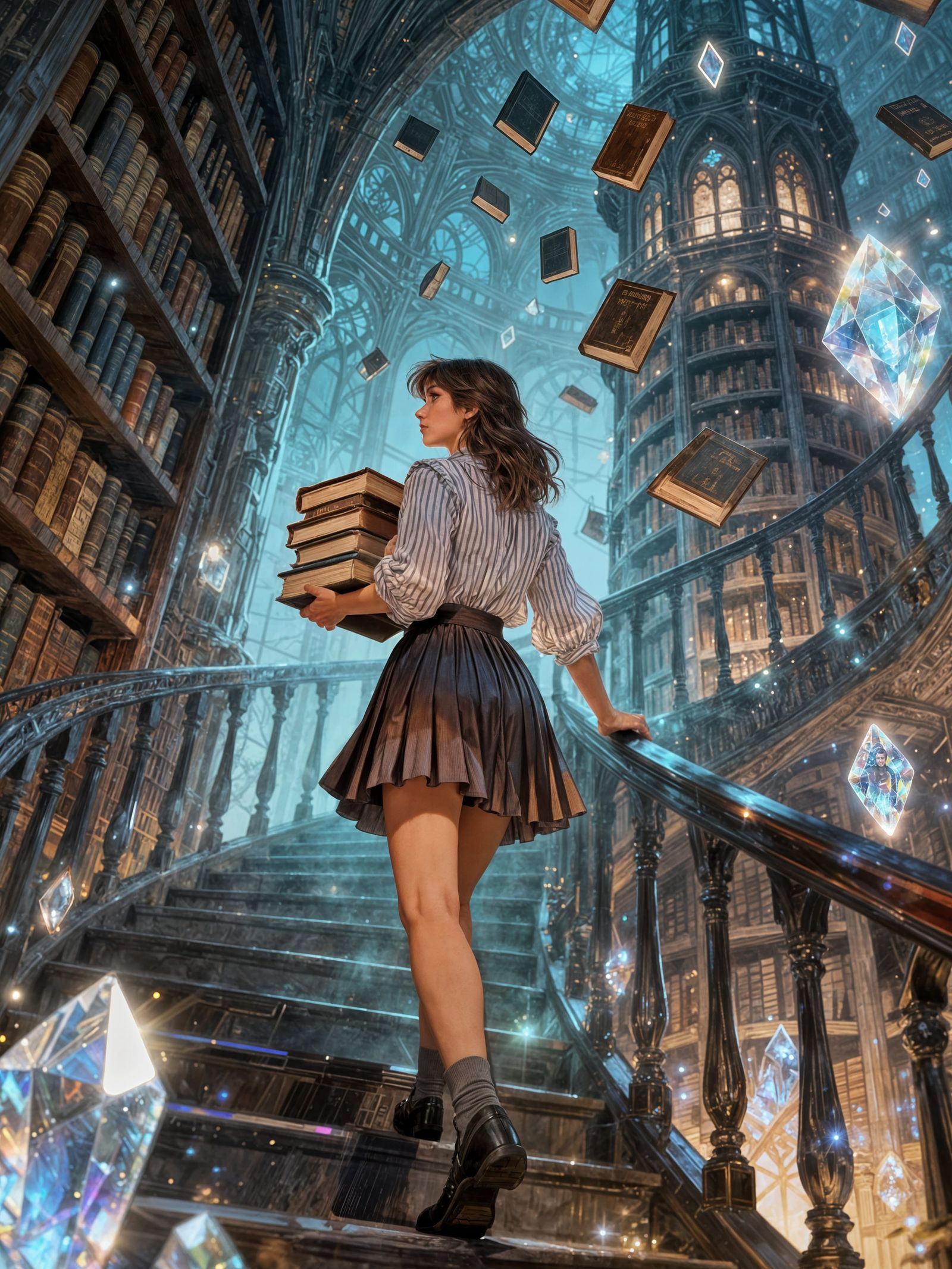 Female Wizard Ascends Magical Library Tower Stairs
