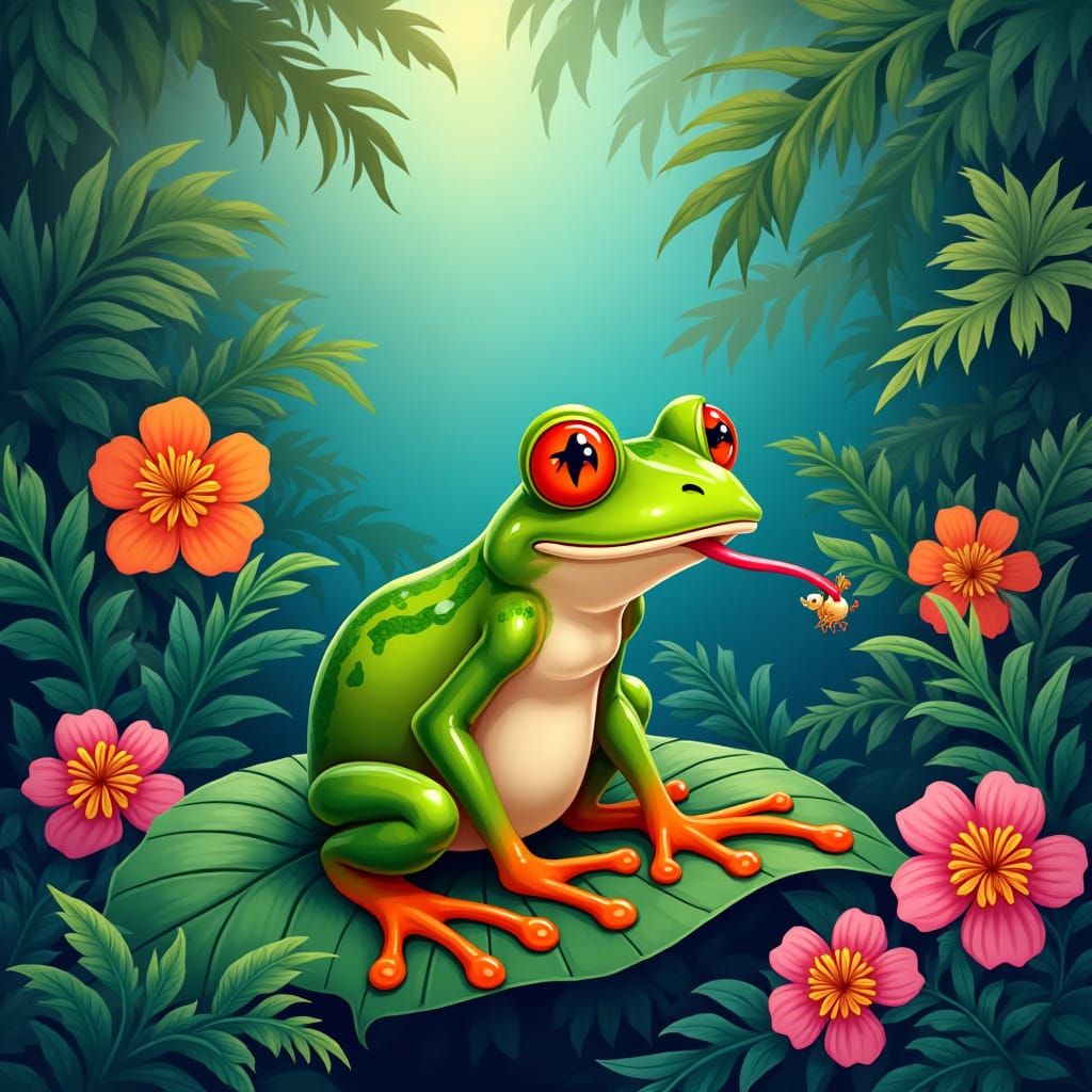 Disney-Style Frog Eating Insect in Lush Jungle