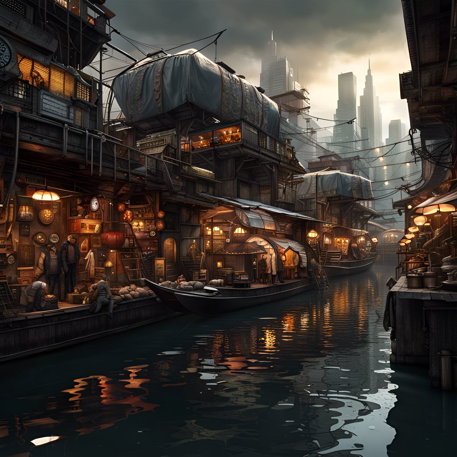 Dystopian Floating Market: Hyperrealistic Digital Art Master...