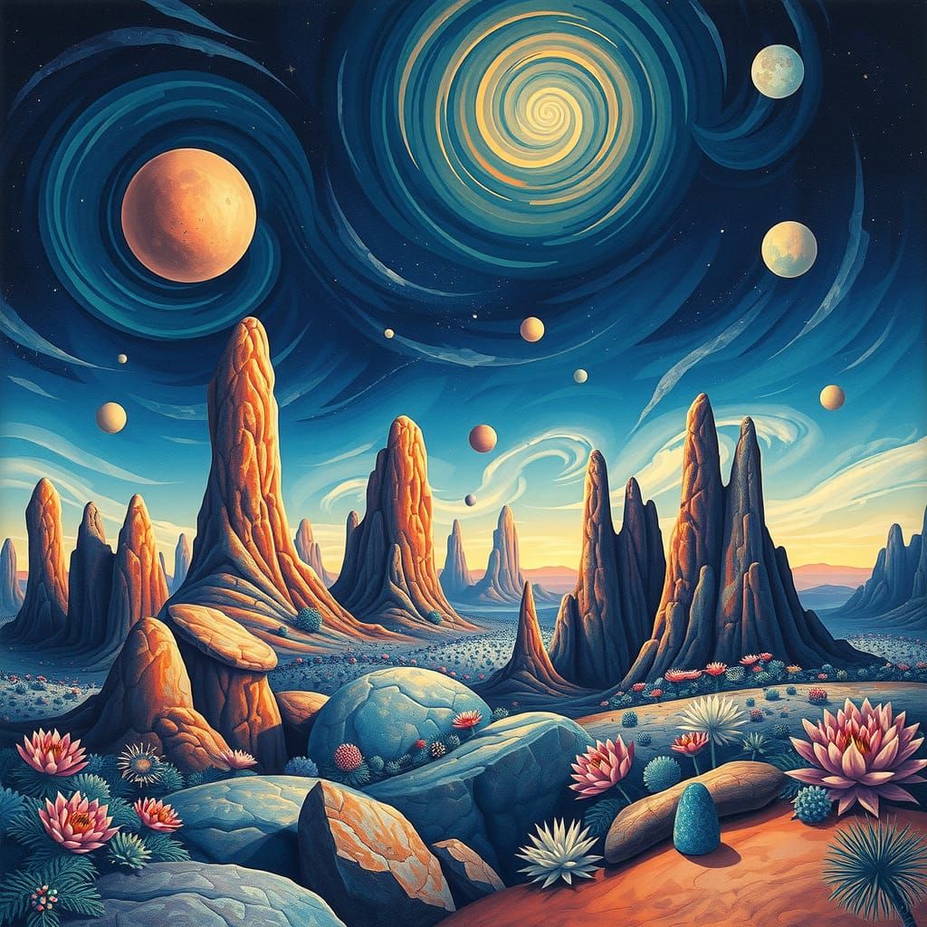 Surreal Alien Landscape Gouache Painting with Nebulae