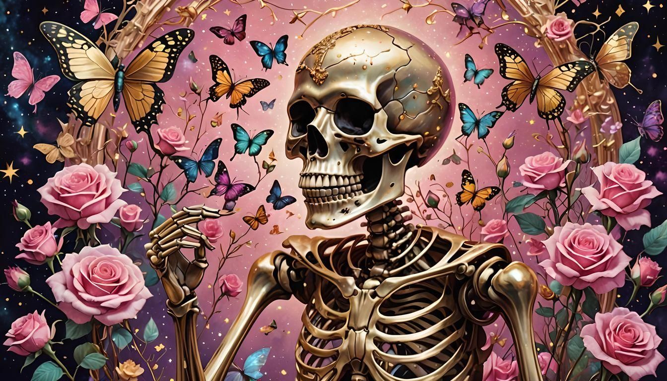 Skeleton with Roses, Butterflies, and Gold Accents