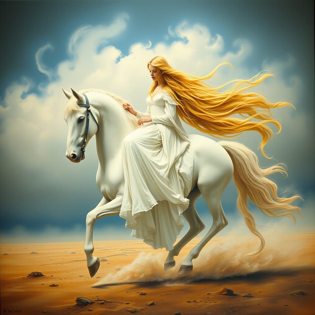 Ethereal Lady Godiva Rides a Dreamlike White Horse