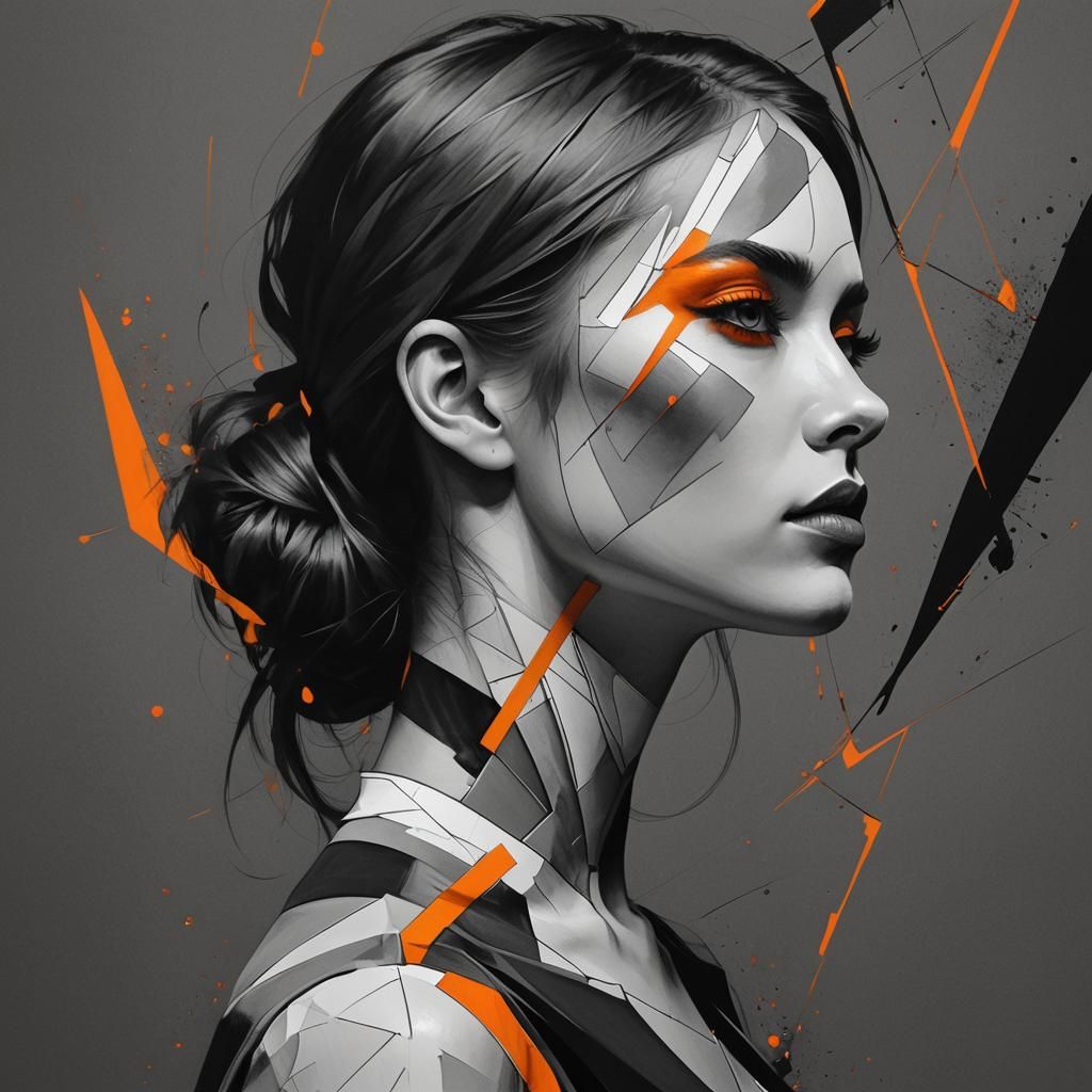 Minimalist Grayscale Portrait with Orange Geometric Shape