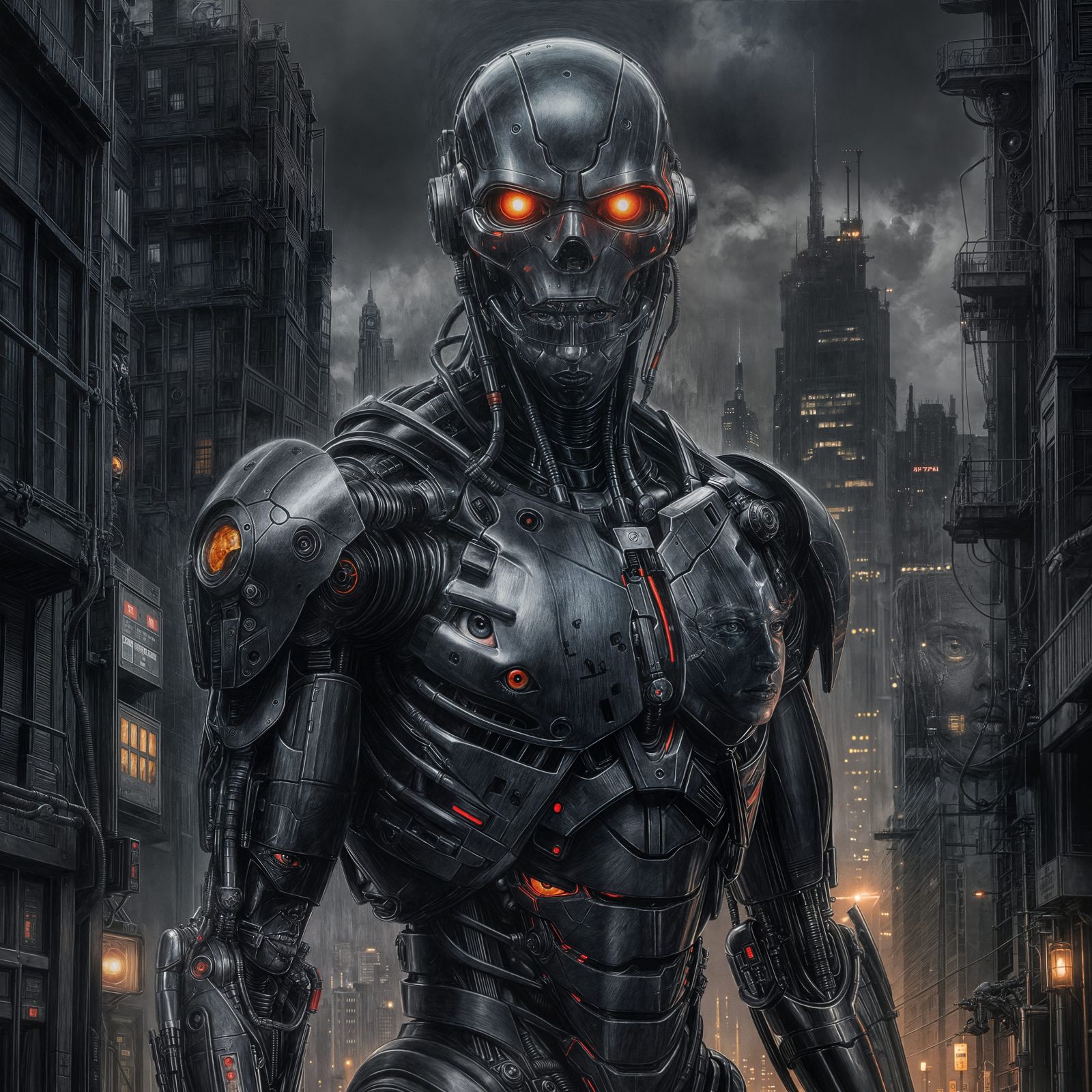 Hyperdetailed Charcoal Drawing: Replicant and Terminator