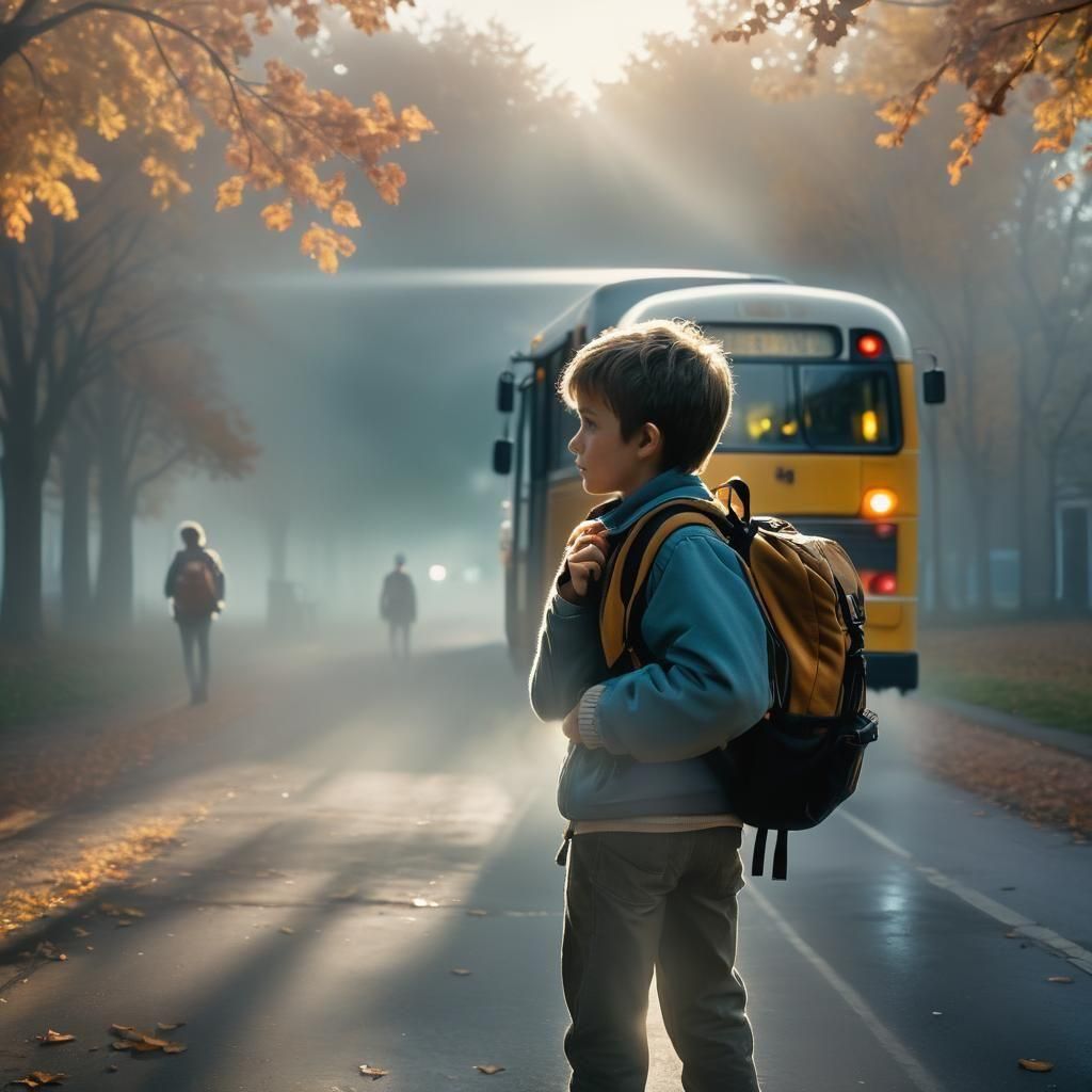 Young Boy Waiting for School Bus: Cinematic Film Still