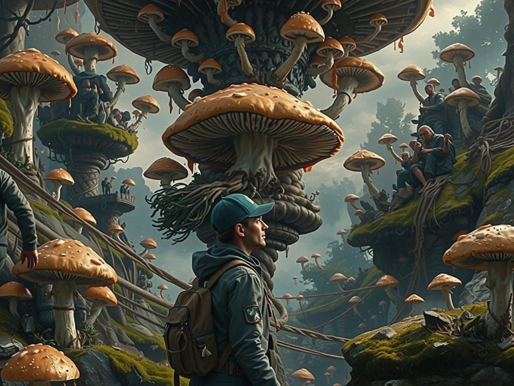 Epic Digital Matte Painting of a New People Wearing Mushroom...