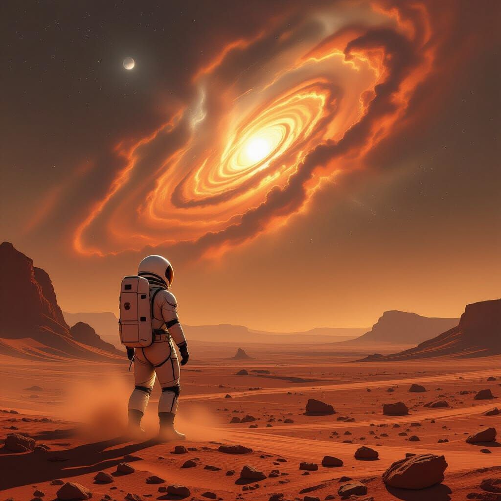 Astronaut on Mars Gazing at Vibrant Nebula